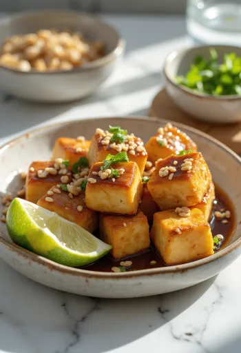 Sticky peanut tofu bites served