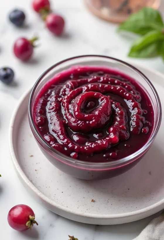Red wine and rosehip sauce in a bowl, garnished with fresh rosemary.