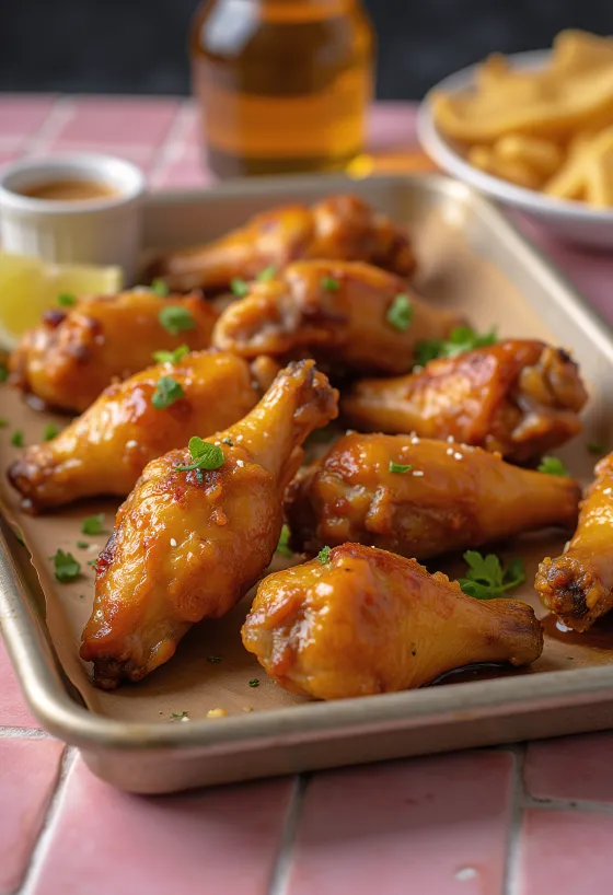 Honey-mustard chicken wings baked golden brown, served with fresh vegetables