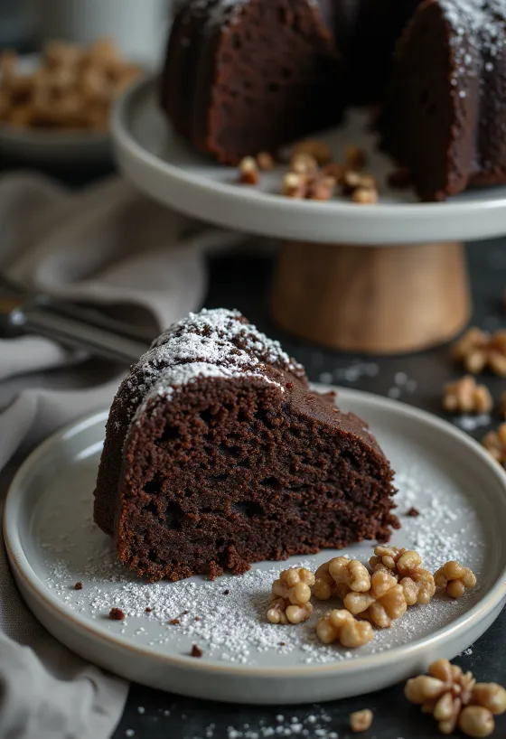 Chocolate walnut cake served