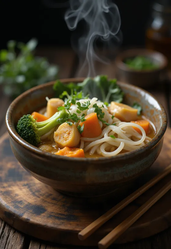 Curry Udon freshly served with rich curry sauce, vegetables and udon noodles