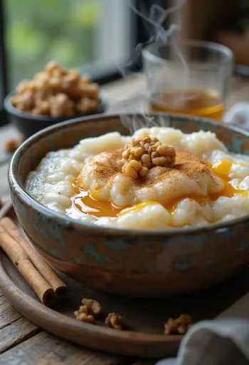 Cinnamon Congee served as rice porridge, garnished with cinnamon and fruit