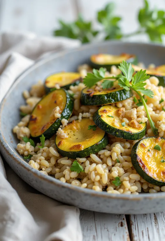 Farro salad served with roasted courgette and fresh mint