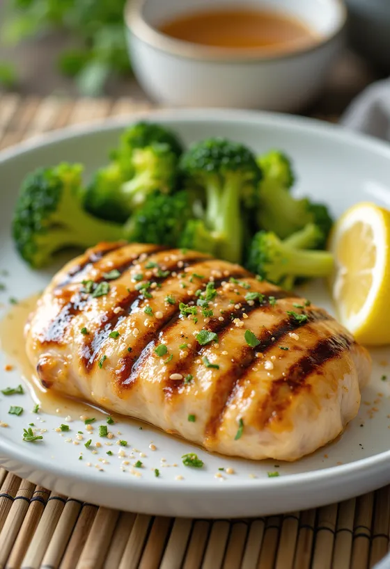 Grilled chicken breast with steamed broccoli, served with fresh parsley