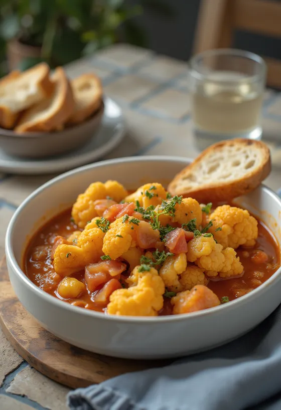 Spiced cauliflower stew in juicy tomato base, sprinkled with fresh parsley.