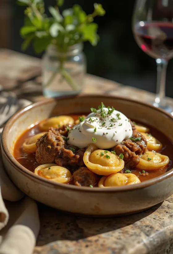 Beef stew served with dumplings and soured cream