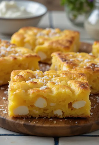 Golden baked cornmeal squares with visible chunks of white feta cheese
