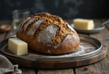 Ruislimppu shaped classic Finnish rye bread, dark brown, with floured crust