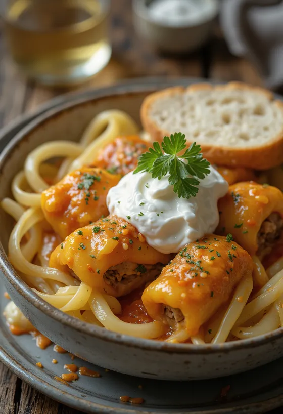 Stuffed cabbage rolls wrapped in sauerkraut leaves, filled with spiced minced meat and rice, served in tomato sauce