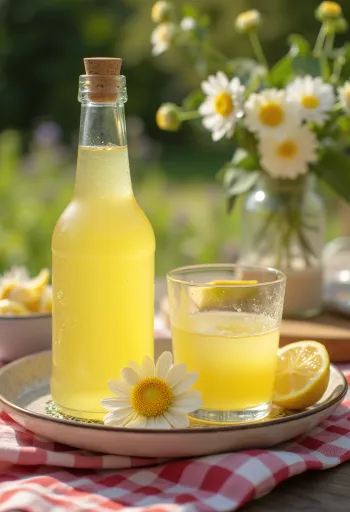 Elderflower cordial with fresh elderflowers and lemon slices