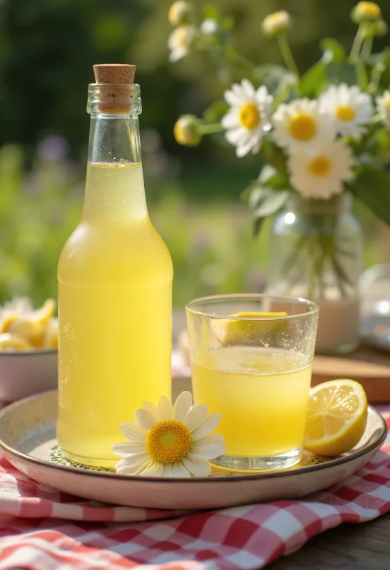 Elderflower cordial with fresh elderflowers and lemon slices