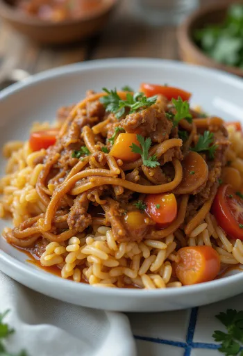 Carne Mechada served with arepas and rice