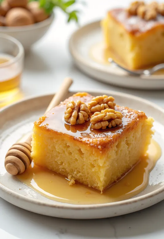 Greek honey and walnut cake with walnut decoration and honey glaze