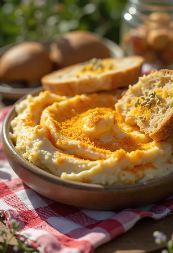 Liptauer spread served with fresh vegetables and on toast