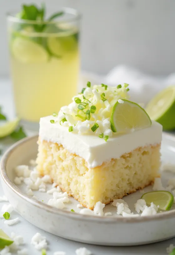 Lime and coconut mousse cake decorated