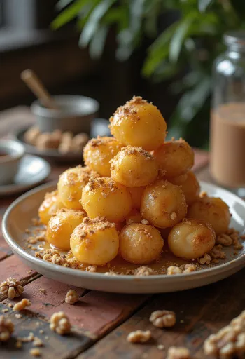 Loukoumades with yoghurt dough, served with honey and cinnamon