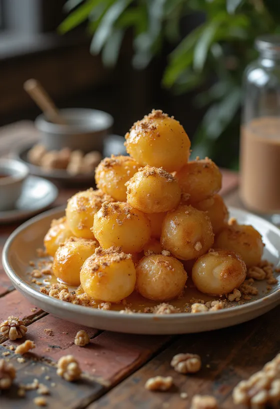 Loukoumades with yoghurt dough, served with honey and cinnamon