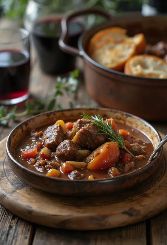 Beef stew with red wine served