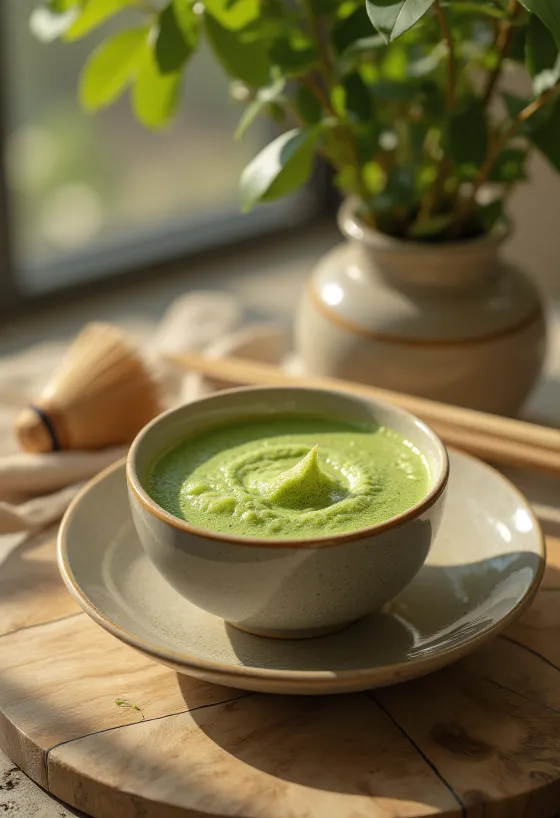 A cup of frothy matcha tea, decorated with matcha powder