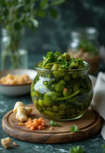 Pickled mustard greens in a glass jar