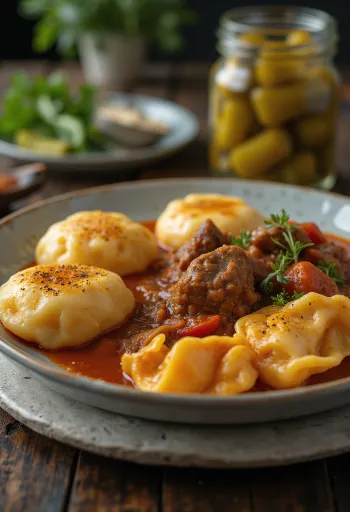 Juicy pörkölt served with fresh nokedli dumplings