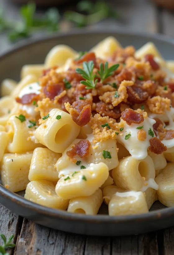 Cottage cheese pasta sprinkled with crackling, served with fresh dill