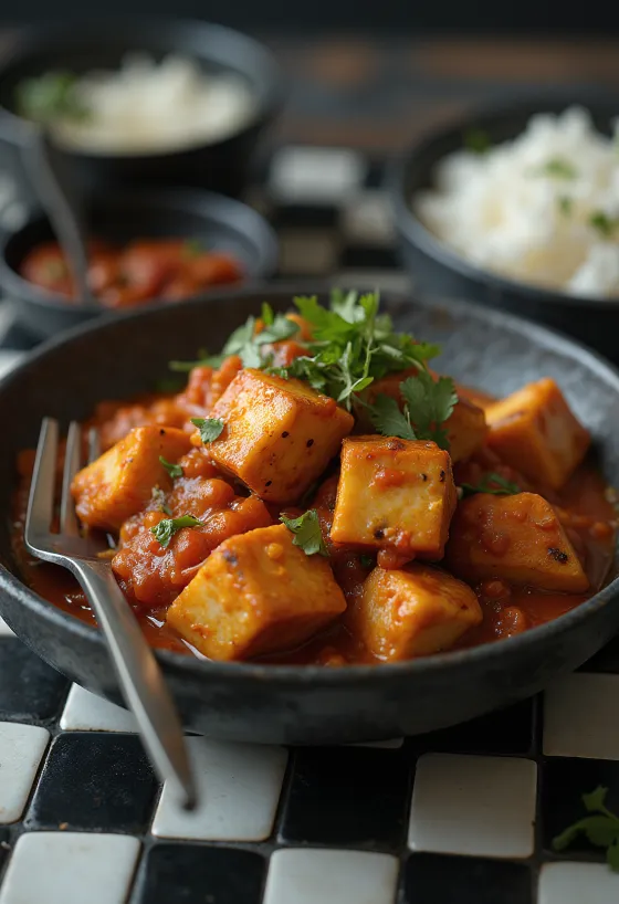 Tofu Vindaloo served in a rich spicy sauce