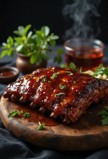 BBQ ribs served with baked potatoes and fresh salad