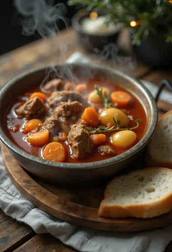 Kettle goulash served smokily and richly with fresh bread