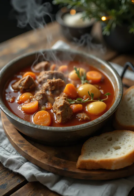 Kettle goulash served smokily and richly with fresh bread