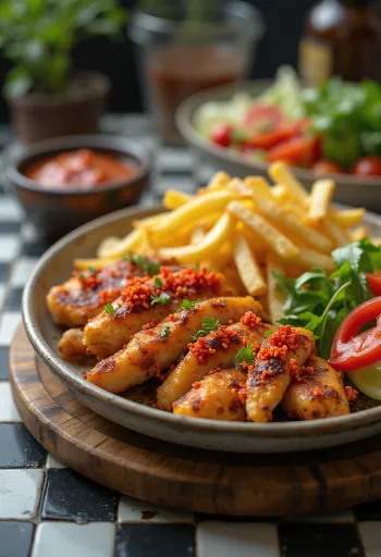 Spicy gyros platter with fried meat, vegetables and chilli sauce