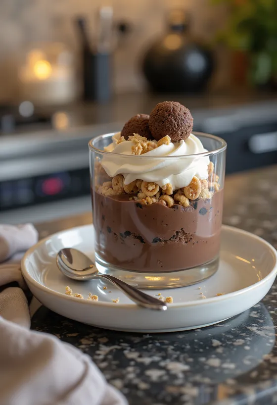 Chocolate mousse pots served with crispy balls