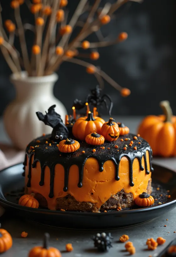 Halloween cake with orange fondant and black decoration