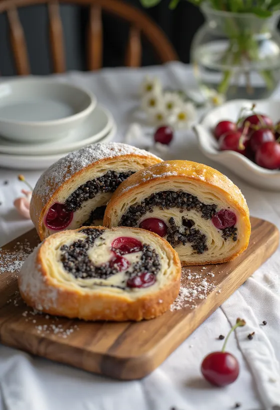 Poppy seed and sour cherry Stollen slices served