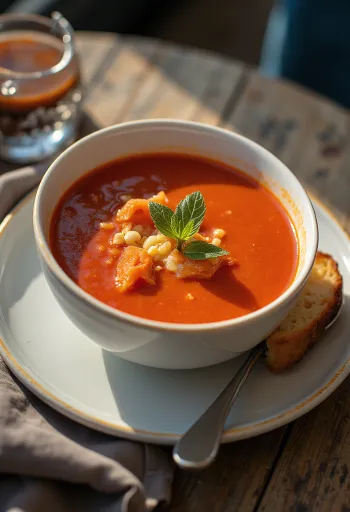 Tomato soup served with fragrant basil and toasted croutons