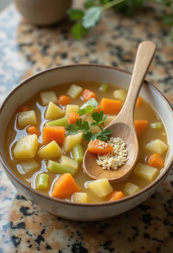 Probiotic vegetable soup served with kefir, colourful vegetables
