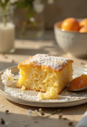 Rice soufflé baked golden brown, sprinkled with icing sugar and served with fruit jam