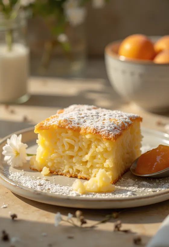 Rice soufflé baked golden brown, sprinkled with icing sugar and served with fruit jam