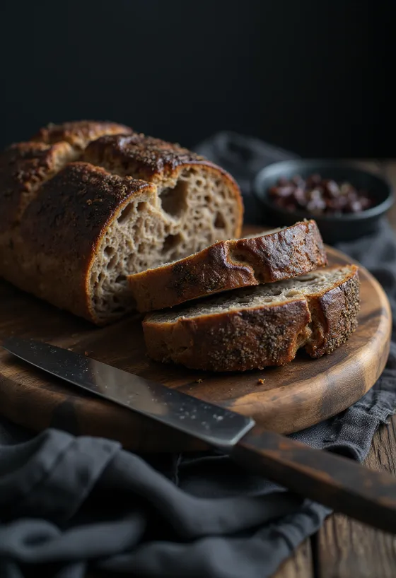 Ruisleipä, Finnish rye bread, with rich and crispy crust, sliced