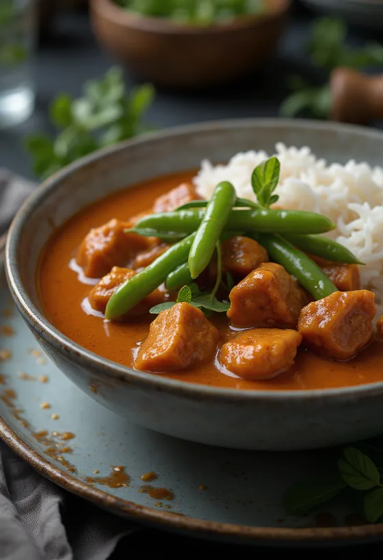 Thai red curry with beef served in a bowl