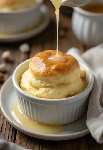 Vanilla and Advocaat soufflé served in ramekins