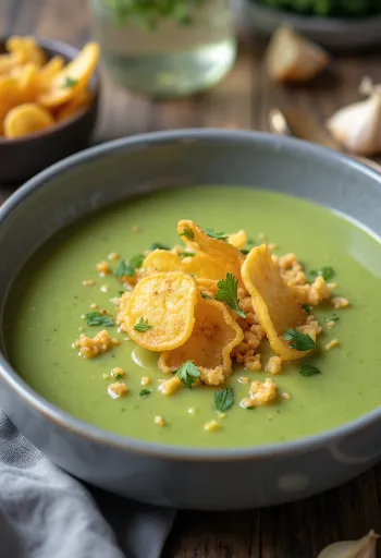 Vegan courgette soup with roasted garlic served