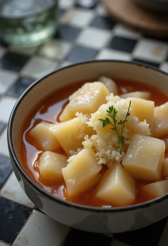 Whale blubber stew served in a rustic bowl with bread.