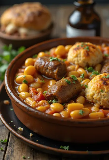 Cassoulet with lamb, one-pot dish with beans and sausage