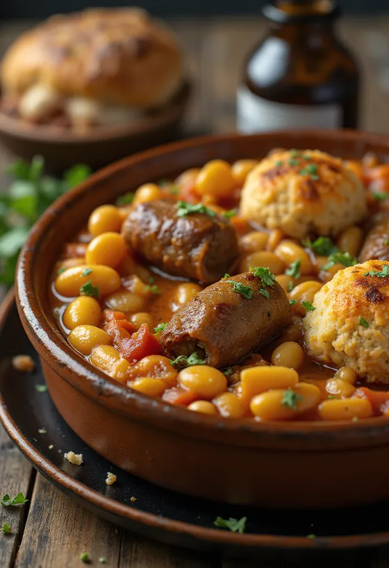 Cassoulet with lamb, one-pot dish with beans and sausage