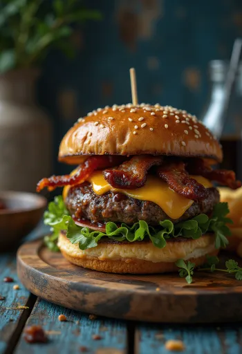 Smoked hamburger with cheddar cheese and bacon