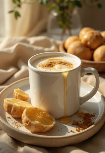 Warm milk with honey in a mug garnished with cinnamon
