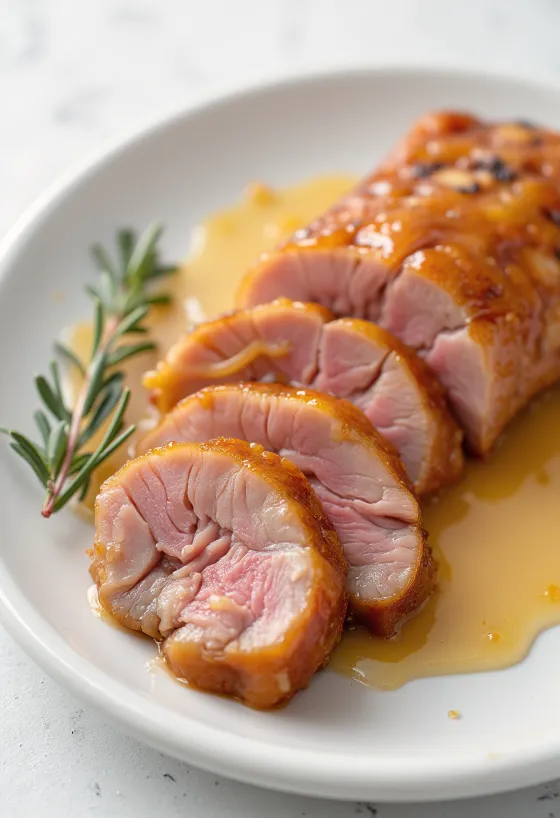 Orange duck breast with tender meat pieces, drizzled with silky orange sauce