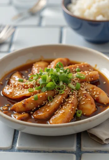 Shogayaki with mirin, chicken marinated in soy sauce, served with sesame seeds and spring onions