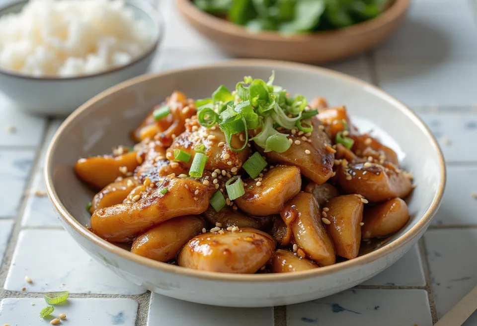 Shogayaki with mirin, chicken marinated in soy sauce, served with sesame seeds and spring onions